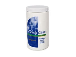 A white container with the words " clearly clean ".
