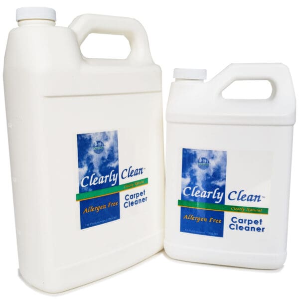 Two white containers of carpet cleaner are next to each other.