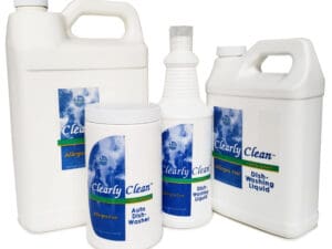 A group of cleaning products that are all labeled clearly clean.