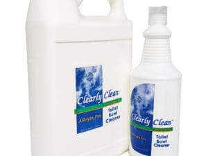 A bottle of toilet bowl cleaner and a container.